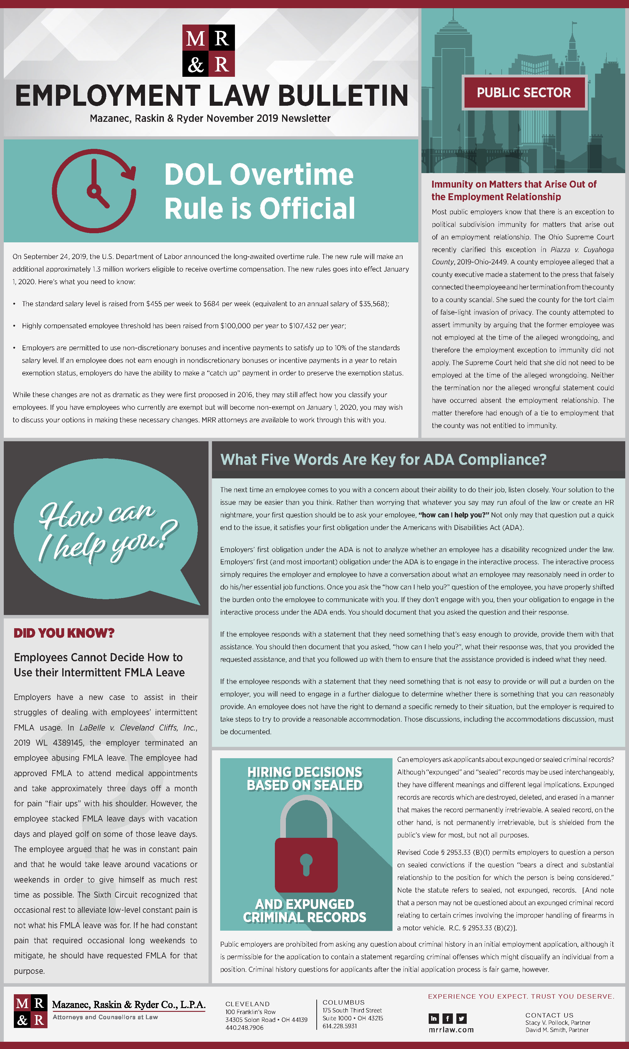 MRR’s November 2019 Employment Law Bulletin DOL Overtime Rule is